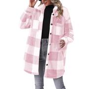 Karierte Winterjacke Damen | Plüschmantel Damen Lang Plüschjacke Vintage Mantel Parka Winter Warme Übergangsjacke Knopfleiste Revers Fleece Hemdjacke Plüschmantel Wintermantel Karierte-Fleecemantel