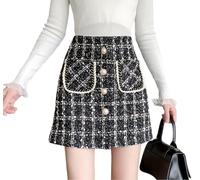 Karierter Damen Rock Elegant Minirock Tweed Kurzer Rock Hoher Bund Karo Rock A-Linie Winterrock Mit Taschen und Knöpfenk(Schwarz,XL)