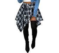 Karierter Damenrock, hohe Taille, mit Knoten vorne, asymmetrischer Saum, Mini-Skaterrock, Schwarz Weiß, XX-Large