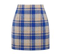 Karierter Minirock Klassischer Damen Modischer Herbstrock Winter Minirock Wollrock Ausgestellte Karierter Rock Elegant Figurbetont Bleistiftrock Hohe Taille Winterrock Freizeitrock (Blue-3, XL)