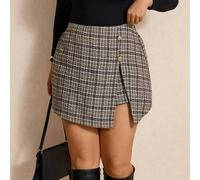 Karierter Rock mit Knopfdesign und Schlitz-Saum für Damen in Große Größen, elegant