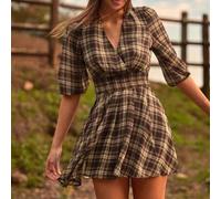 Kariertes Chiffon V-Ausschnitt Schnürung Rücken Passform & Ausgestelltes Mini-Kleid für den Winter, Boho, Western Wear, Feiertage, Weihnachten, Silves