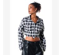 Kariertes kurzes Flanellhemd mit Nietenkragen, rohem Saum, Oversized-Boxy-Fit, langen Ärmeln und Knopfleiste, Herbst/Winter