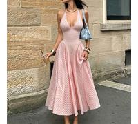 Kariertes Maxikleid mit Allover-Muster, eleganter Partylook mit Trägerkragen, Slim Fit, geeignet für den täglichen Gebrauch, Urlaub, Strand, Date, Val
