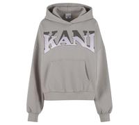 Kapuzensweatshirt KARL KANI "Karl Kani KK Woven Signature Glitter Os Hoodie", Damen, Gr. XL, grau, 80% Baumwolle, 20% Polyester, bedruckt, normal, ohne Ausschnitt, Sweatshirts (46952609-XL) grau