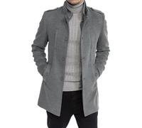 Karlywindow Herren-Trenchcoat, langärmelig, Stehkragen, einreihig, lässig, mittellang, schmale Passform, Übermantel mit Taschen, GRAU, L