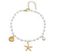 Karma NH11249677 Fußkettchen Perlen Seestern Muschel Gold Weiß 21 cm modern filigrane Fusskette Kunstperlen Fußschmuck Urlaub Strand Abendmode