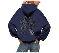 Karneval Kapuzenpullover Oversize Damen Elegant Kuschelig Kapuzen Sweatshirt mit Pailletten Engel Flügel HerbstWinter Hoodie Grau Trendiges Streetwear Kapuzenpull Weich Lässig Segelzubehör (Navy, XXL)