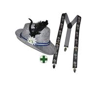 Karneval-Klamotten Oktoberfest Hut Bayern Tirolerhut Seppelhut Herren Edelweiß aus Filz INKL Hosenträger schwarz Edelweiß Oktoberfest Karneval