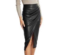 Karo Röcke Damen Damen Midirock aus Kunstleder, hohe Taille, Schlitz vorne, Reißverschluss hinten, gerüscht, figurbetont, Langer Herbst-Clubrock Enger Kurzer