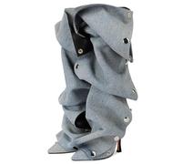 KaroNairy Braune Denim Cowboystiefel für Frauen Oberschenkel Knie Hohe Stiefel Stiletto Absatz Westernstiefel Abnehmbare Snap-off Panel Mid Calf Stiefel, Denim Blau, 38.5 EU