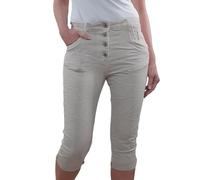 Karostar Damen Baggy Denim Stretch-Bermuda Kurze Denim Jeans Hose Boyfriend |dekorative Schmuck Knöpfe|7/8 Capri (DE/NL/SE/PL, Alphanumerisch, M, Regular, Regular, Hellbeige)