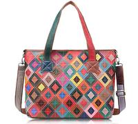 Karoukee Bunte Damen Handtasche, Stilvolle Echtleder Hobo Henkeltasche, Laptop Tote Bag Tasche mit Patchwork Design, Große Umhängetasche Schultertasche für Frauen