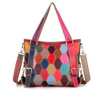 Karoukee Bunte Echtleder Tote Tasche für Frauen, Stilvolle Patchwork Damen Schultertasche, Modische Große Umhängetasche, Schön Henkeltasche mit Verstellbarer Riemen