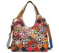 Karoukee Bunte Patchwork Damen Handtasche, Stilvolle Echtleder Tote Bag Große Henkeltasche mit Top Griff, Mode Shopper, Casual Laptop Schultertaschen für Frauen