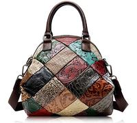 Karoukee Bunte Patchwork Handtasche für Damen, Echtem Leder Umhängetasche mit Blumenprägung, Umhängetasche, Vintage Damen Schultertasche, Einkaufstasche mit Griff oben