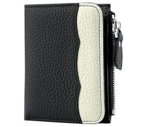 Karoukee Damen Portemonnaie im Two-Tone Design, RFID-blockierende Mini-Geldbörse aus Echtem Nappaleder | 5 Kartenfächern | Reißverschlussfach | Ausweisfenster - Schwarz & Creme