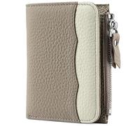 Karoukee Damen Portemonnaie im Two-Tone Design, RFID-blockierende Mini-Geldbörse aus Echtem Nappaleder | 5 Kartenfächern | Reißverschlussfach | Ausweisfenster - Grau & Creme
