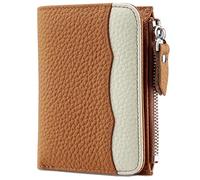 Karoukee Damen Portemonnaie im Two-Tone Design, RFID-blockierende Mini-Geldbörse aus Echtem Nappaleder | 5 Kartenfächern | Reißverschlussfach | Ausweisfenster - Orange & Creme