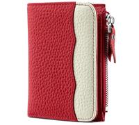 Karoukee Damen Portemonnaie im Two-Tone Design, RFID-blockierende Mini-Geldbörse aus Echtem Nappaleder | 5 Kartenfächern | Reißverschlussfach | Ausweisfenster - Rot & Creme