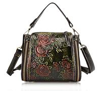 Karoukee Damen Vintage Schultertasche, Rindsleder Umhängetasche mit Geprägtem Blumenmuster, Designer Mode Handtasche für Frauen, Elegante Henkeltasche mit 2 Riemen in Verschiedenen Stilen