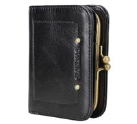 Karoukee Echter Leder Bifold Geldbörse für Frauen, Damen RFID-Blockierende Kreditkartenhalter, Kompakte Kleine Münzbeutel, Damen Leder Portemonnaie mit Kiss-Lock Tasche, Schwarz