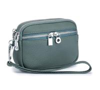 Karoukee Echtes Leder Damen Geldbörse mit Abnehmbarem Handschlaufe, Kleine Portemonnaie mit 3 Getrennten Fächern, Stilvolle Rindsleder Handgelenks-Münzbeutel(Grün)