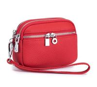 Karoukee Echtes Leder Damen Geldbörse mit Abnehmbarem Handschlaufe, Kleine Portemonnaie mit 3 Getrennten Fächern, Stilvolle Rindsleder Handgelenks-Münzbeutel(Rot)