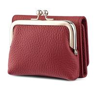 Karoukee Echtes Leder Kleine Trifold Geldbörse für Damen, RFID-blockierende Kreditkartenhalter, Kompakte Kiss-Lock Portemonnaie mit 8 Kartenfächern(Rot)