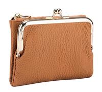 Karoukee Echtleder Bifold Geldbörse für Damen, Elegante Kleine Portemonnaie mit Kussverschluss (Kiss-Lock) & RFID-Schutz, Mehrfachfach Kreditkartenhalter im klassischen Design(Braun)