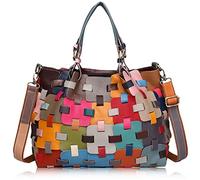 Karoukee Echtleder Damen Handtasche, Bunte Patchwork Top-Griff Henkeltasche Tote Bag, Mode Crossbody Satchel Tasche für Frauen, Retro Umhängetasche Schultertasche mit Verstellbarem Riemen