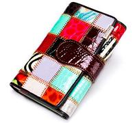 Karoukee Einzigartig Bunte Patchwork Kleine Trifold Geldbörse für Frauen Echtes Leder Kreditkarten Halter Organizer Handgemachte Mehrfarbige Damen Münzgeldbörse mit Ausweisfenster & Reißverschlussfach