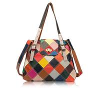 Karoukee Frauen Patchwork Handtasche mit Top Handle, Einzigartige Rindsleder Umhängetasche, Bunte Mittlere Schultertasche, Mode Henkeltasche für Damen