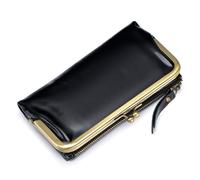 Karoukee Große Bifold Geldbörse für Frauen, Damen Öl-gewachstes Leder Portemonnaie, RFID-Blockierung Kreditkarteninhaber mit Kiss-Lock Tasche und 12 Kartenfächern, Schwarz