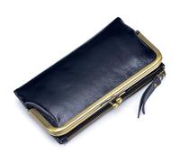 Karoukee Große Bifold Geldbörse für Frauen, Damen Öl-gewachstes Leder Portemonnaie, RFID-Blockierung Kreditkarteninhaber mit Kiss-Lock Tasche und 12 Kartenfächern, Dunkelblau