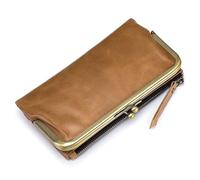 Karoukee Große Bifold Geldbörse für Frauen, Damen Öl-gewachstes Leder Portemonnaie, RFID-Blockierung Kreditkarteninhaber mit Kiss-Lock Tasche und 12 Kartenfächern, Braun