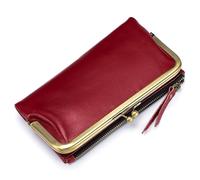 Karoukee Große Bifold Geldbörse für Frauen, Damen Öl-gewachstes Leder Portemonnaie, RFID-Blockierung Kreditkarteninhaber mit Kiss-Lock Tasche und 12 Kartenfächern, Weinrot