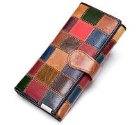 Karoukee Handgefertigte Patchwork Große Trifold Geldbörse für Frauen, Bunt Damen Kreditkartenetui Brieftasche aus echtem Leder, Handy Clutch Geldbörse mit 3 Ausweisfenster & Reißverschlussfach