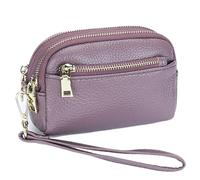 Karoukee Klassische Echtleder Geldbörse für Damen, Kleines Handgelenks-Münzbörse mit 3 Separate Fächer, Elegante Portemonnaie mit Goldbeschlägen & Abnehmbarer Handschlaufe(Hellviolett)