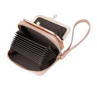 Karoukee Kleine Echtleder Geldbörse für Damen, 2-in-1 RFID-blockender Kartenhalter & Münzbeutel mit Kiss-Lock-Verschluss, Kompakt Portemonnaie mit Abnehmbare Handschlaufe(Rosa)