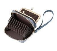 Karoukee Kleine Echtleder Geldbörse für Damen, 2-in-1 RFID-blockender Kartenhalter & Münzbeutel mit Kiss-Lock-Verschluss, Kompakt Portemonnaie mit Abnehmbare Handschlaufe(Blau)