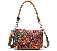 Karoukee Kleine Quadratische Patchwork Schultertasche für Frauen, Rindsleder Umhängetasche, Bunte Modische Handtasche, Stilvolle Damentasche mit Verstellbarem Lederriemen