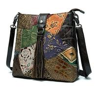 Karoukee Vintage Patchwork Umhängetasche Damen, Retro Rindsleder Schultertasche mit Geprägten Blumenmuster, Mode Crossbody Bag mit Quasten, Casual Medium Handtasche für Frauen