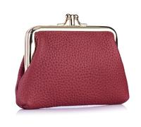 Karoukee Vollnarbenleder Geldbörse für Frauen, Elegante Damen Münzbörse, Kleiner Münzbeutel, Portemonnaie mit 2 Separaten Fächern, Goldener Kuss-Schloss-Verschluss, Weinrot