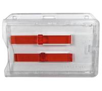 Kartenhalter / Cardholder / Namensschild, passend für 2 Karte, mit 2 Ausschiebern, mit 2 Ründlöchern und Langloch, aus Polykarbonat, Farbe: transparent/rot - 10 Stück
