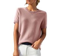 Kaschmir-Pullover für Damen, kurzärmelig, Winterpullover für Damen, einfarbig, schmale Passform, Rundhalsausschnitt, leicht, warm, weich, bequem, Strickpullover, rose, L