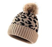 KASESSS WintermüTze Damen Mit Leopardenmuster, Khaki Beanie StrickmüTzen füR Damen Stilvoll Warme MüTze Mit Bommel Kuschelig PudelmüTze füR Herbst Winter Den TäGlichen Gebrauch StrickmüTze
