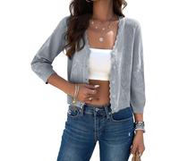 Kate Kasin Damen 3/4 Ärmel Bolero Kurze Strickjacken Pullover Weiches Leichtes V Ausschnitt Knopf Häkeln Stricken Texturierte Shrugs für Kleid Klein Silbergrau S