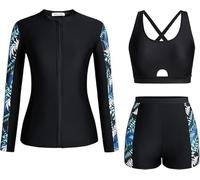 Kate Kasin Damen Bademode mit Blumenmuster 3 Teilig Rashguard Reißverschluss-Shirts Boyshort Sonnenschutz Wassersport Tankini Set zum Surfen Schwimmen Schwarzgrüne Blätter M