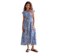 Kate Kasin Damen Boho Blumenkleid Sommer Freizeitkleid Rüschenärmeln V-Ausschnitt A-Linie Strandkleid mit Taschen Blau-Weiß XL